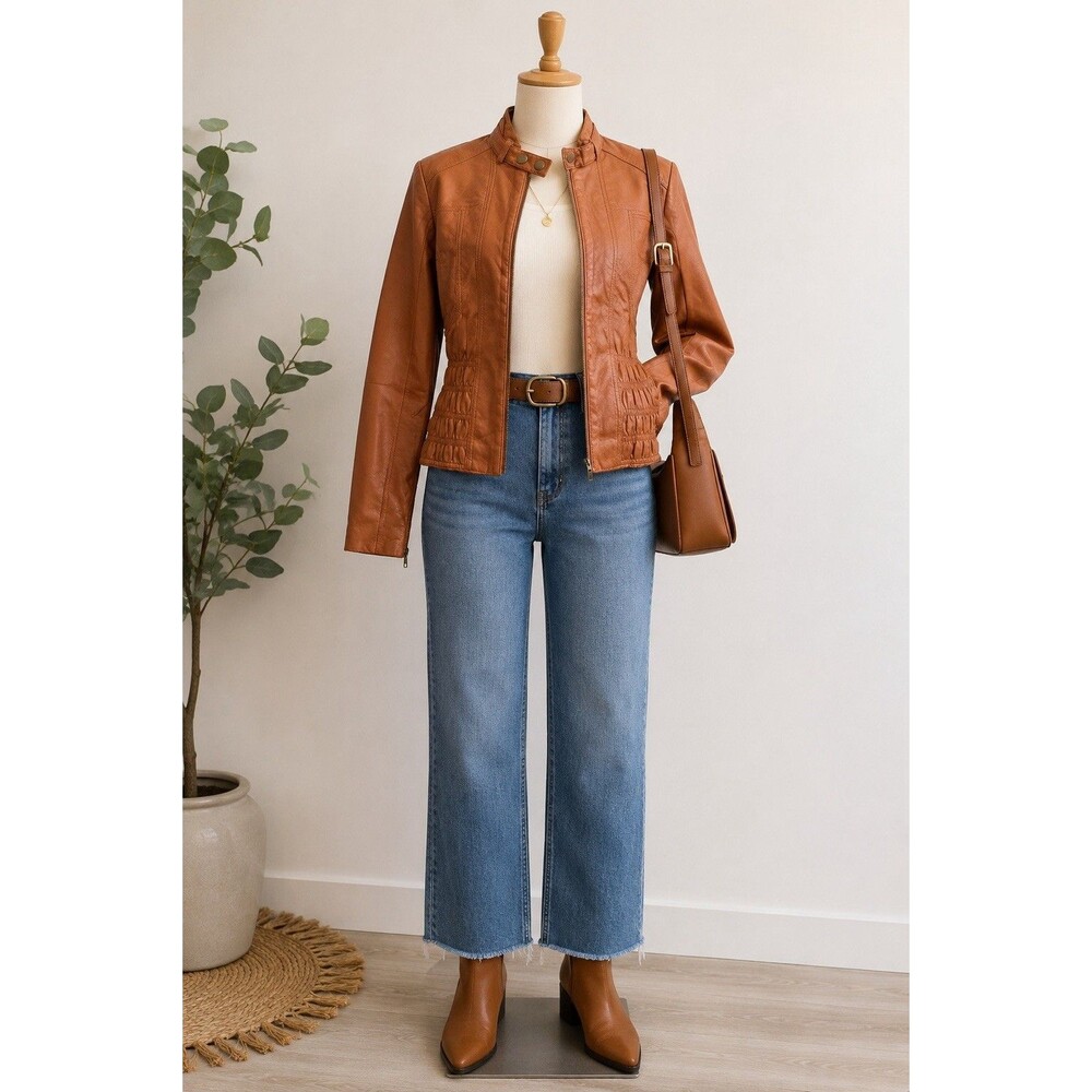 Vintage Paris Blues Faux Leather Biker Jacket - Size M - Y2K Brown